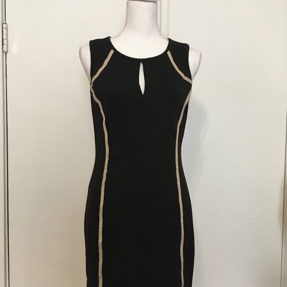 grass collection Black Midi Dress with Taupe Piping